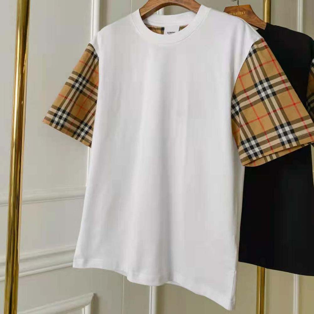Close-up of vintage check sleeves on Burberry Cotton T-shirt White