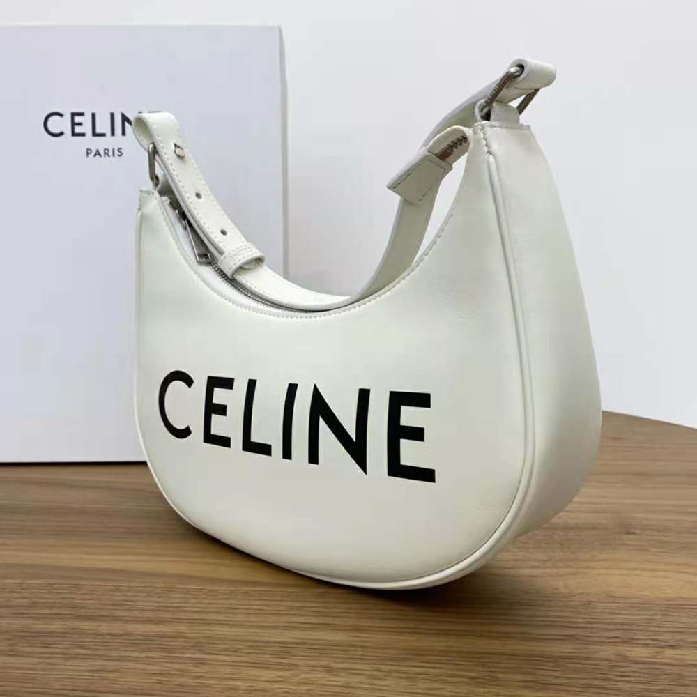 Side angle showing smooth calfskin texture on Celine Women Ava Bag White