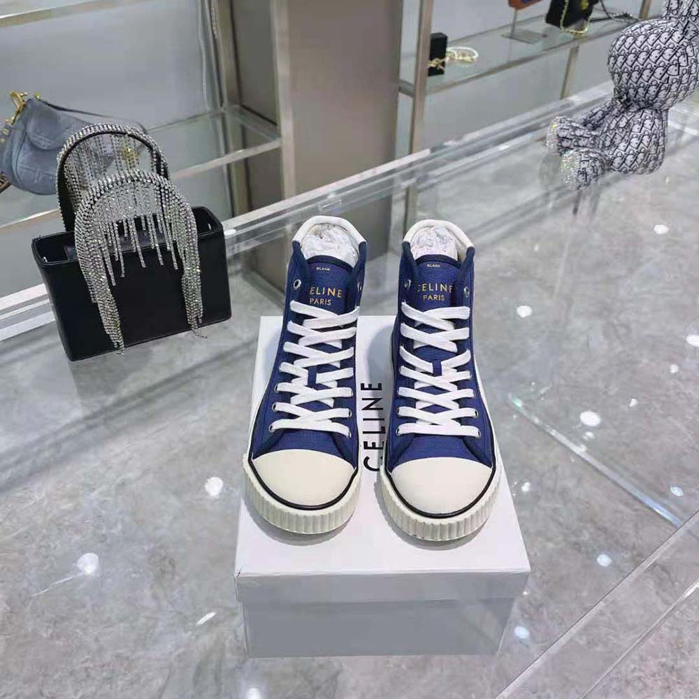 Top angle showing canvas and calfskin textures on Celine Women Blank Mid Lace up Sneaker