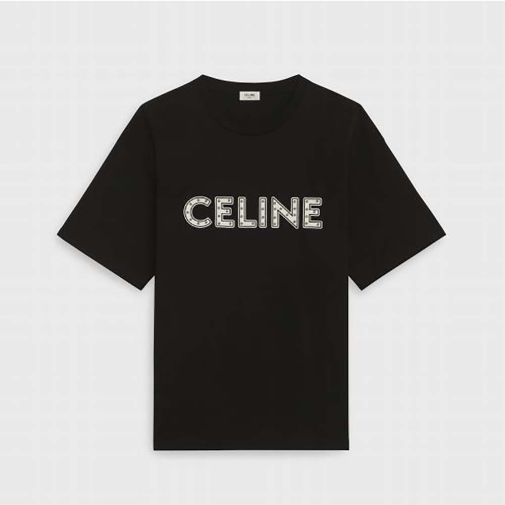 Front view of Celine Men Celine Loose T-shirt in Cotton with Studs-Black