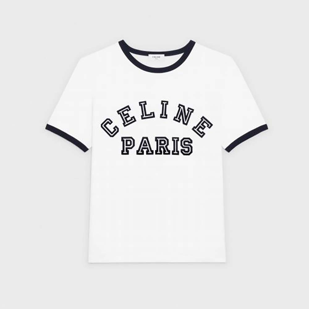 Front view of Celine Women Celine Paris T-shirt in Flocked Cotton Jersey white tee