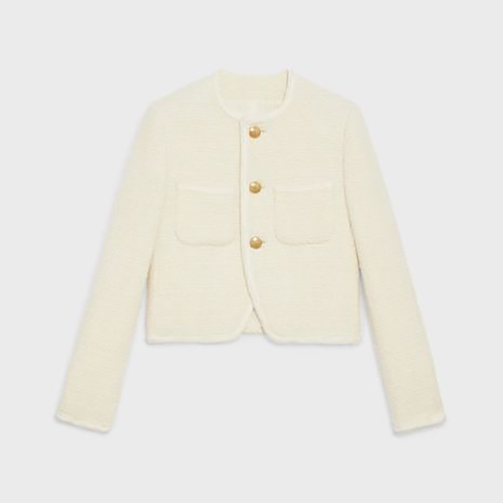 Front view of Celine Women Chasseur Jacket in Boucle Tweed-White