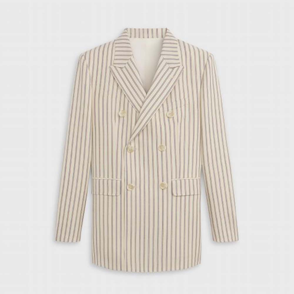 Front view of Celine Women Classic Jacket in Striped Wool beige