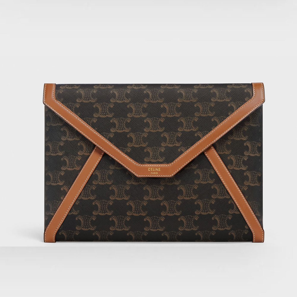 Front view of Celine Women Envelop Small Pouch in Triomphe Canvas and Calfskin-Tan