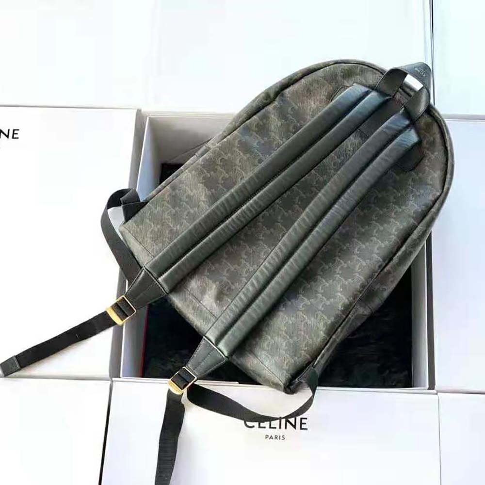 Side angle showing leather straps and canvas texture of Celine Women Medium Backpack