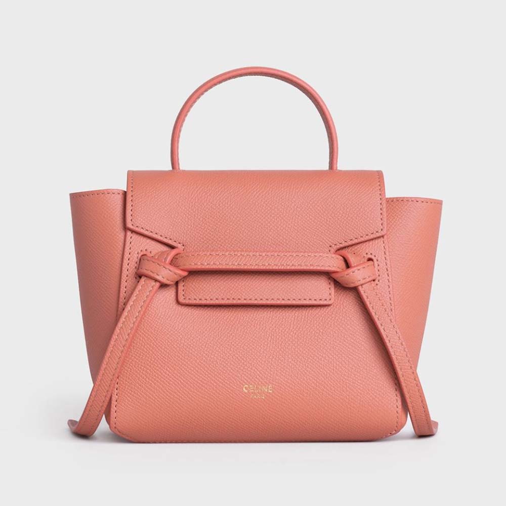 Front view of Celine Women Pico Belt Bag in Grained Calfskin Lychee pink leather