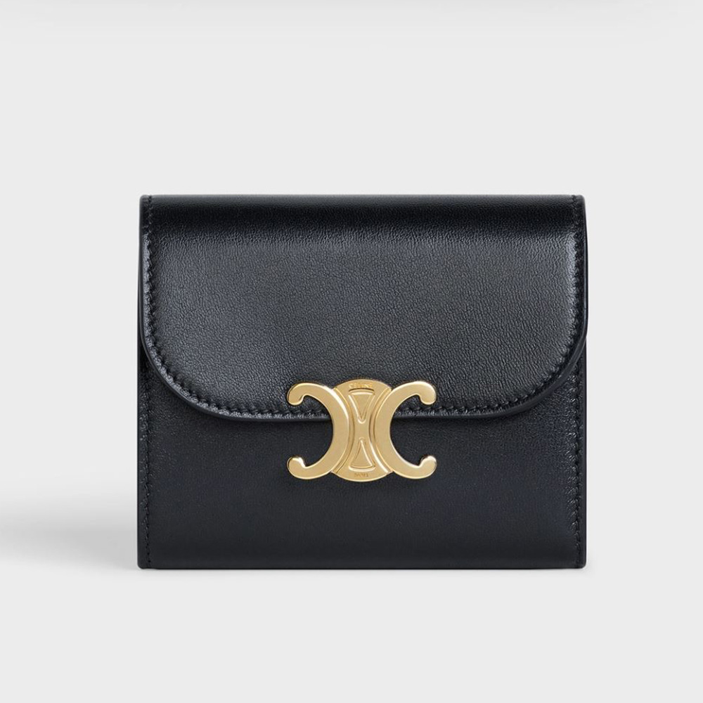 Front view of Celine Women Small Flap Wallet in Shiny Smooth Lambskin-Black