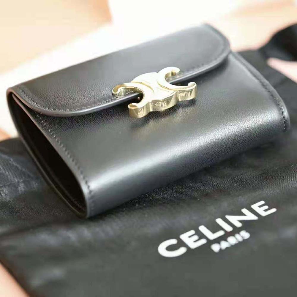 Side angle showing flap and smooth texture of Celine Women Small Flap Wallet