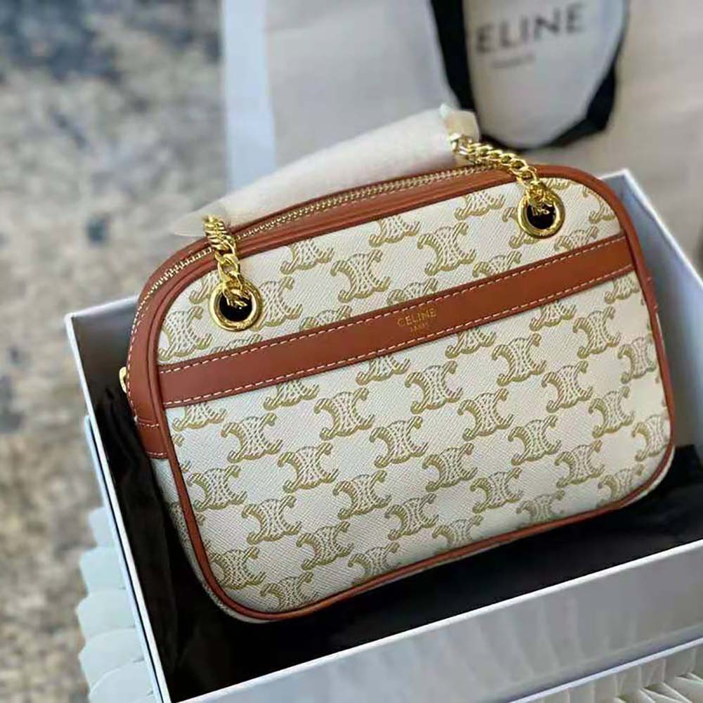 Close-up of gold-tone clasp and calfskin trim on Celine Small Patapans
