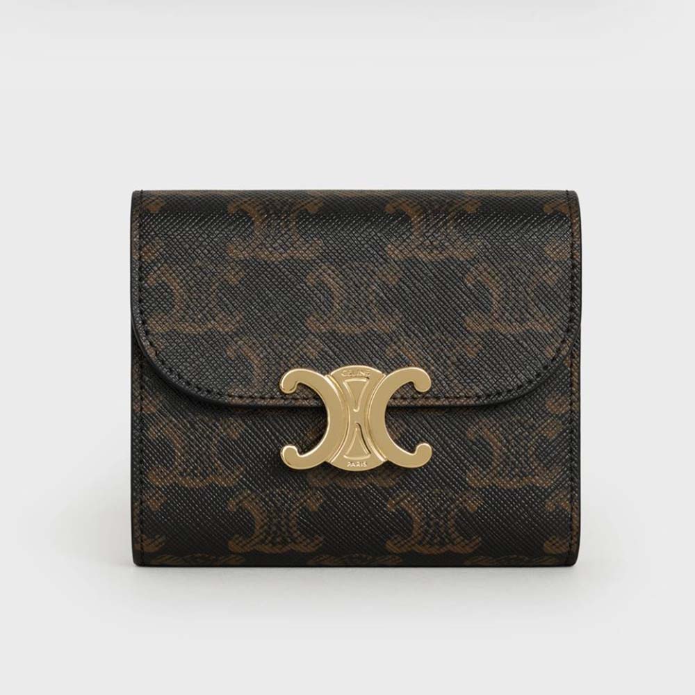 Front view of Celine Women Small Triomphe Wallet in Triomphe Canvas-Tan