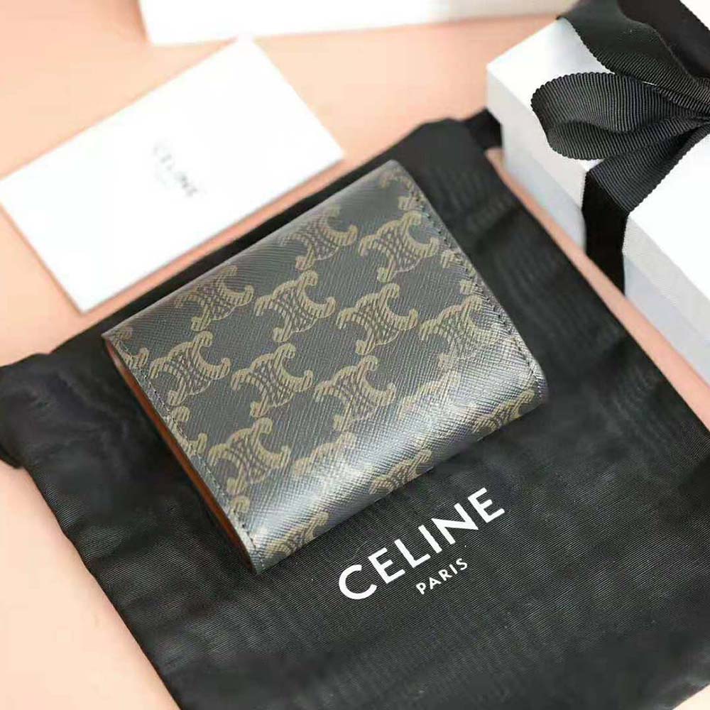 Side angle showing compact silhouette of Celine Women Small Triomphe Wallet