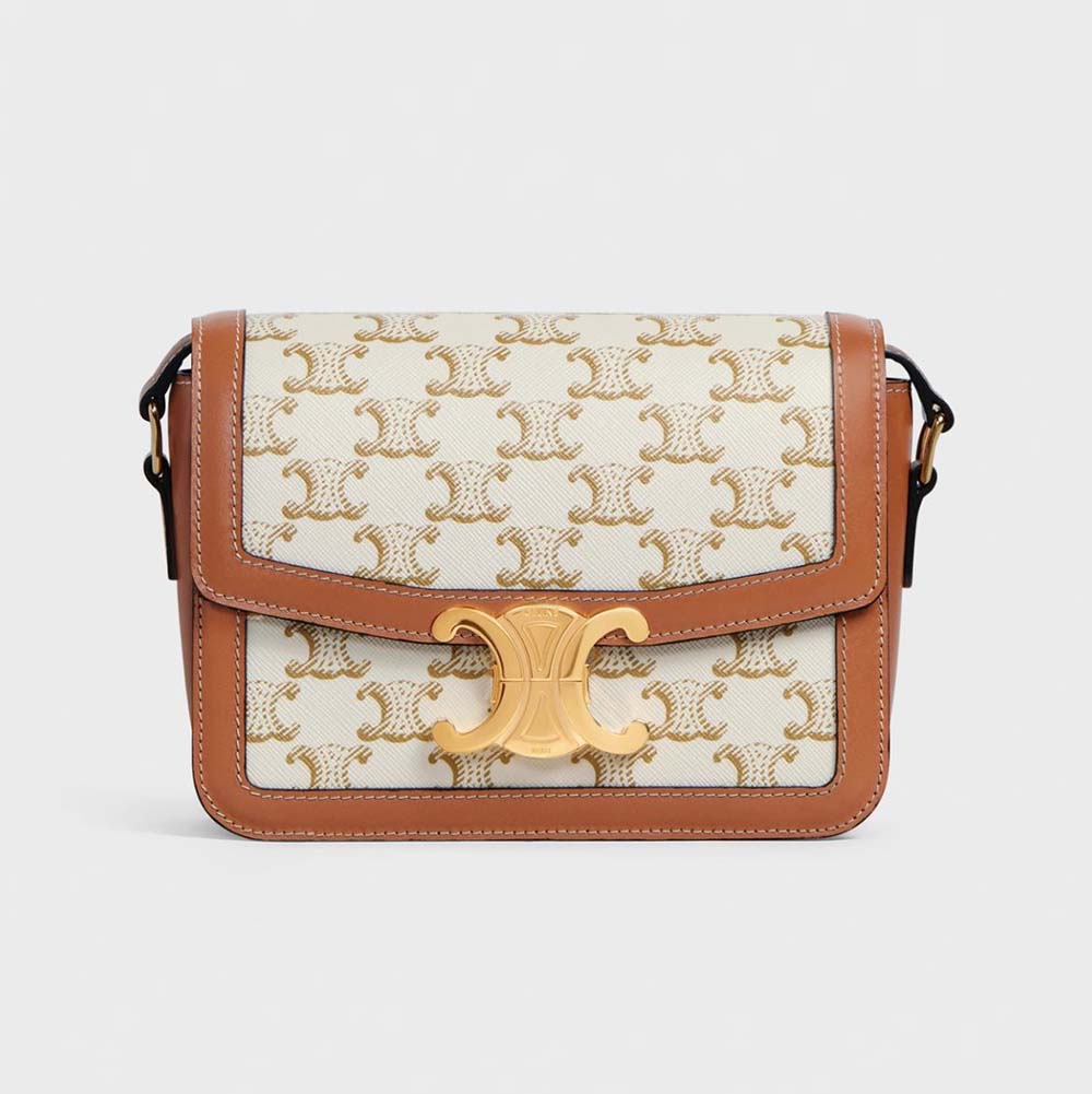 Front angle view of Celine Women Teen Triomphe Bag in brown canvas and calfskin