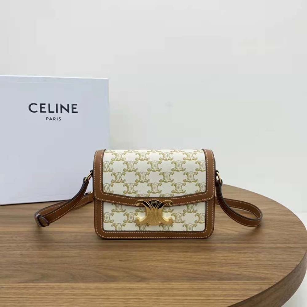 Close-up of gold-tone signature closure on Celine Women Teen Triomphe Bag