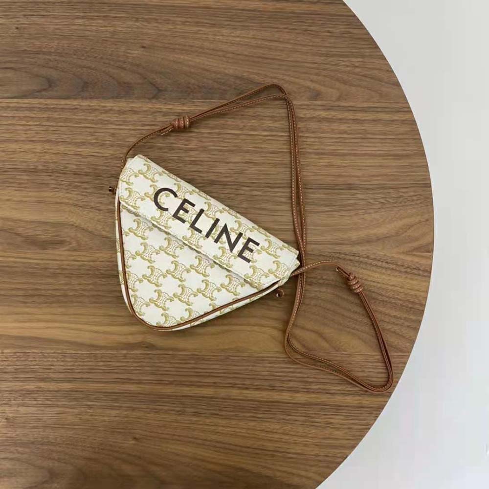 Close-up of gold-tone hardware on Celine Women Triangle Bag beige