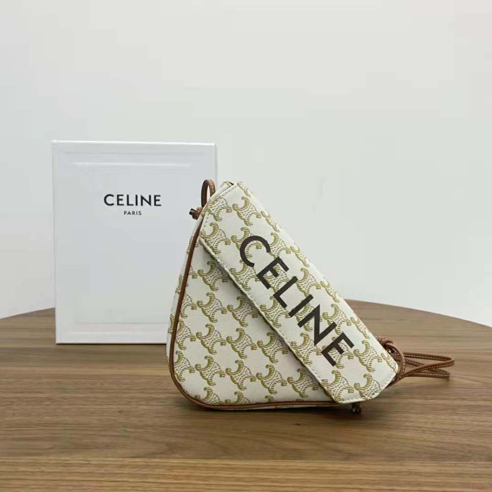 Side angle showcasing silhouette of Celine Women Triangle Bag beige