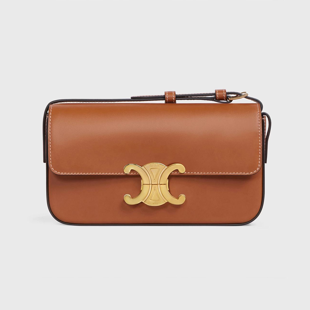 Front angle of Celine Women Triomphe Shoulder Bag in Natural Calfskin-Brown