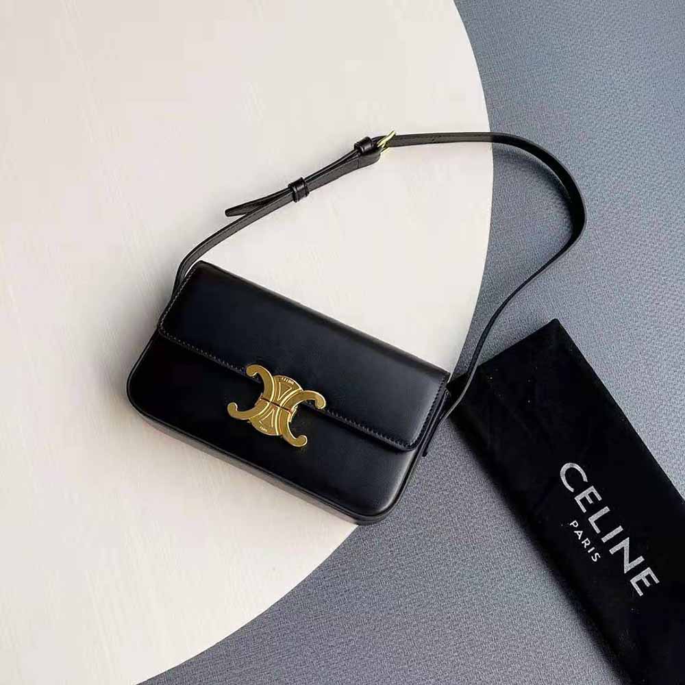 Celine Women Triomphe Shoulder Bag in Shiny Calfskin-Black - image 2