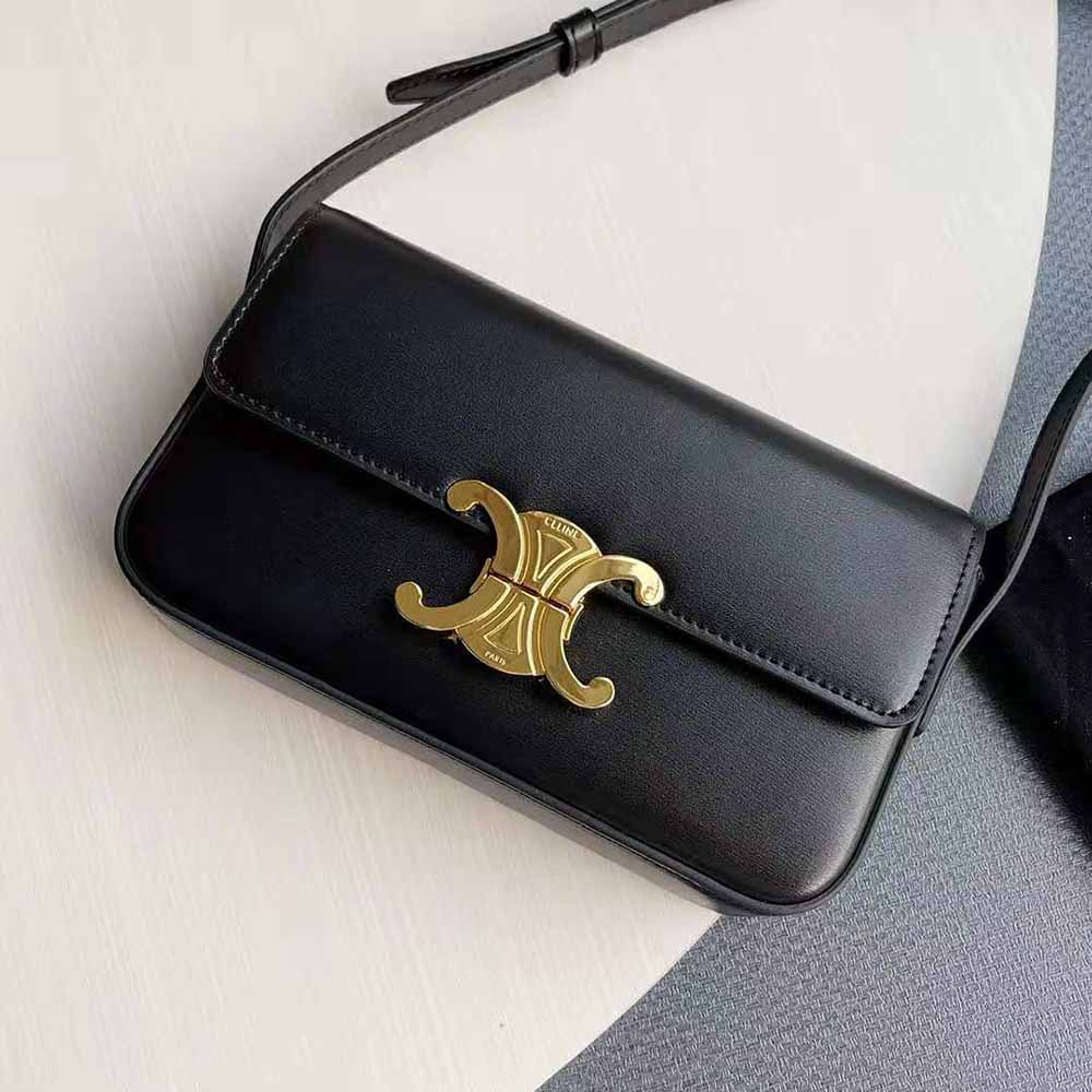 Celine Women Triomphe Shoulder Bag in Shiny Calfskin-Black - image 4