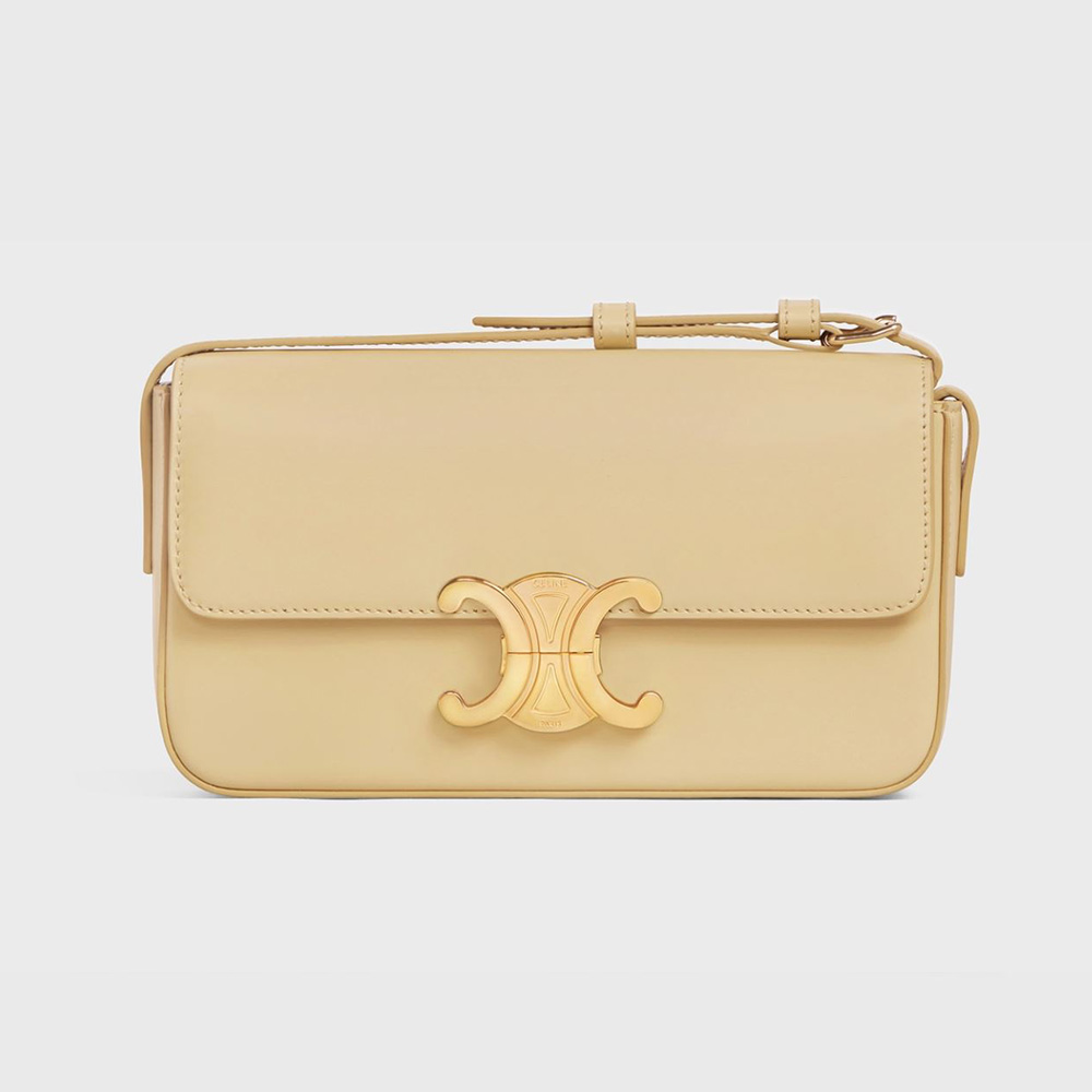 Front view of Celine Women Triomphe Shoulder Bag in Shiny Calfskin-Yellow
