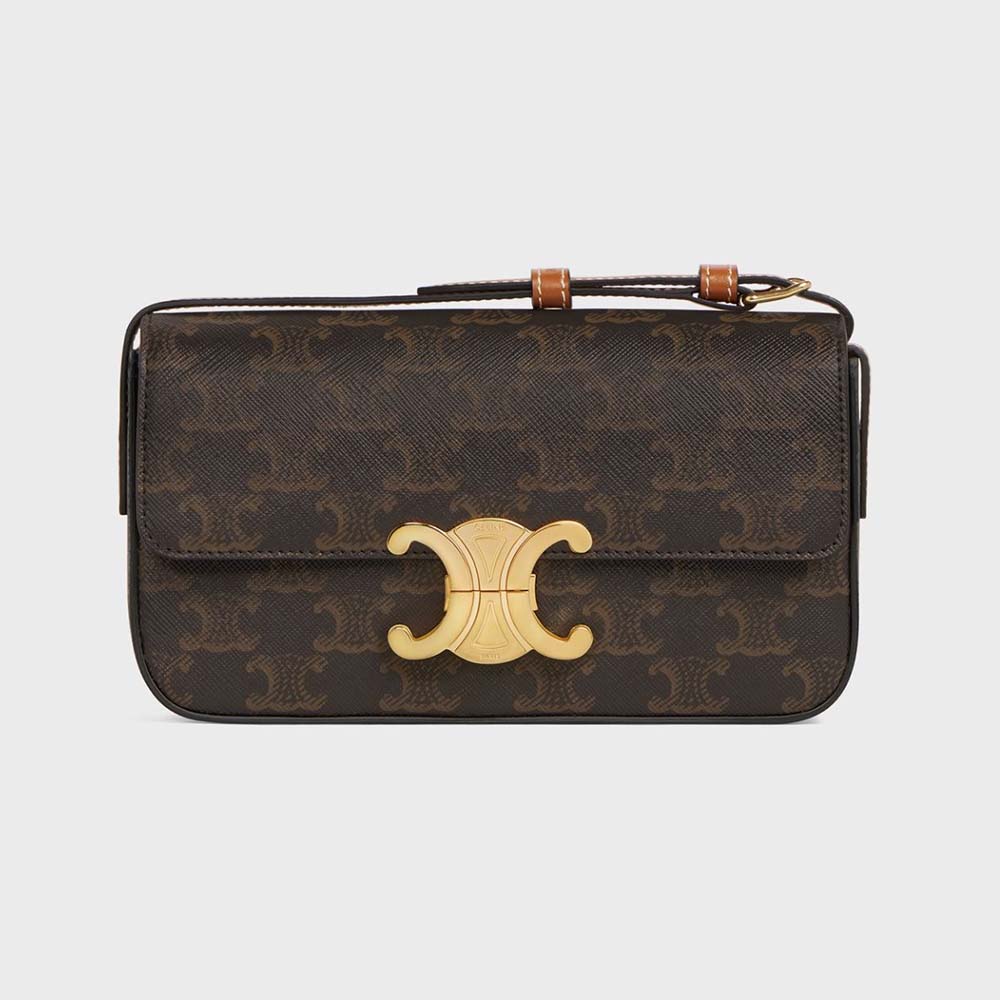 Front view of Celine Women Triomphe Shoulder Bag brown canvas
