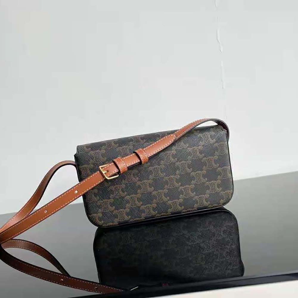 Side angle showing calfskin trim of Celine Women Triomphe Shoulder Bag