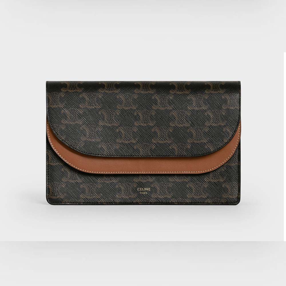 Front view of Celine Women Wallet on Strap in Triomphe Canvas and Smooth Lambskin-Tan