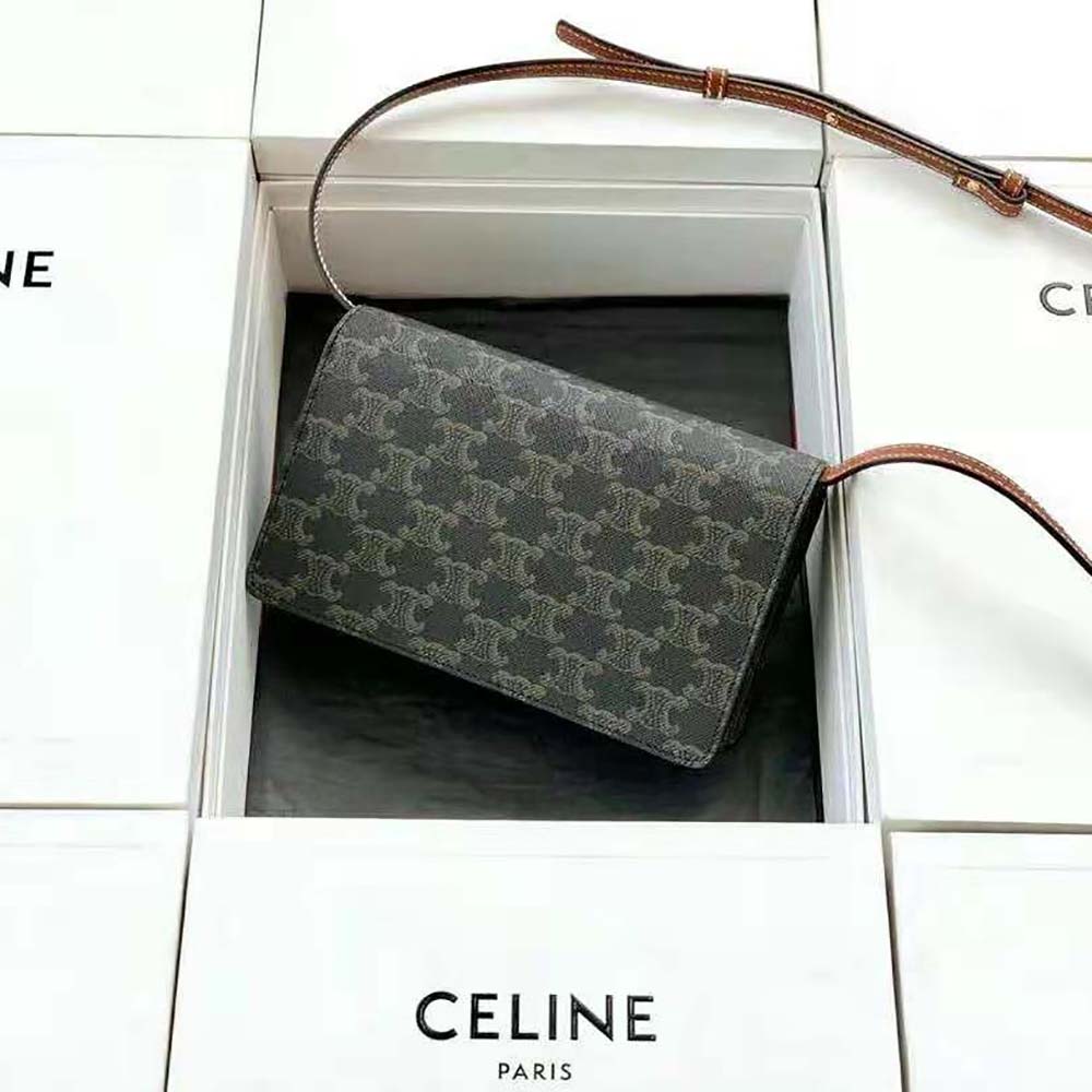 Side angle showing adjustable strap on Celine Women Wallet on Strap in brown