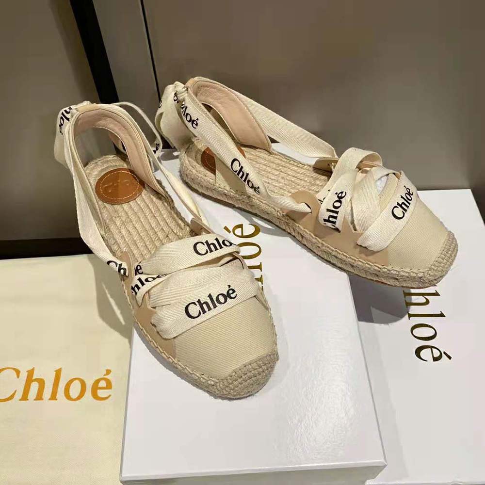 Close-up of lace-up detail and calfskin trim on Chloe espadrilles