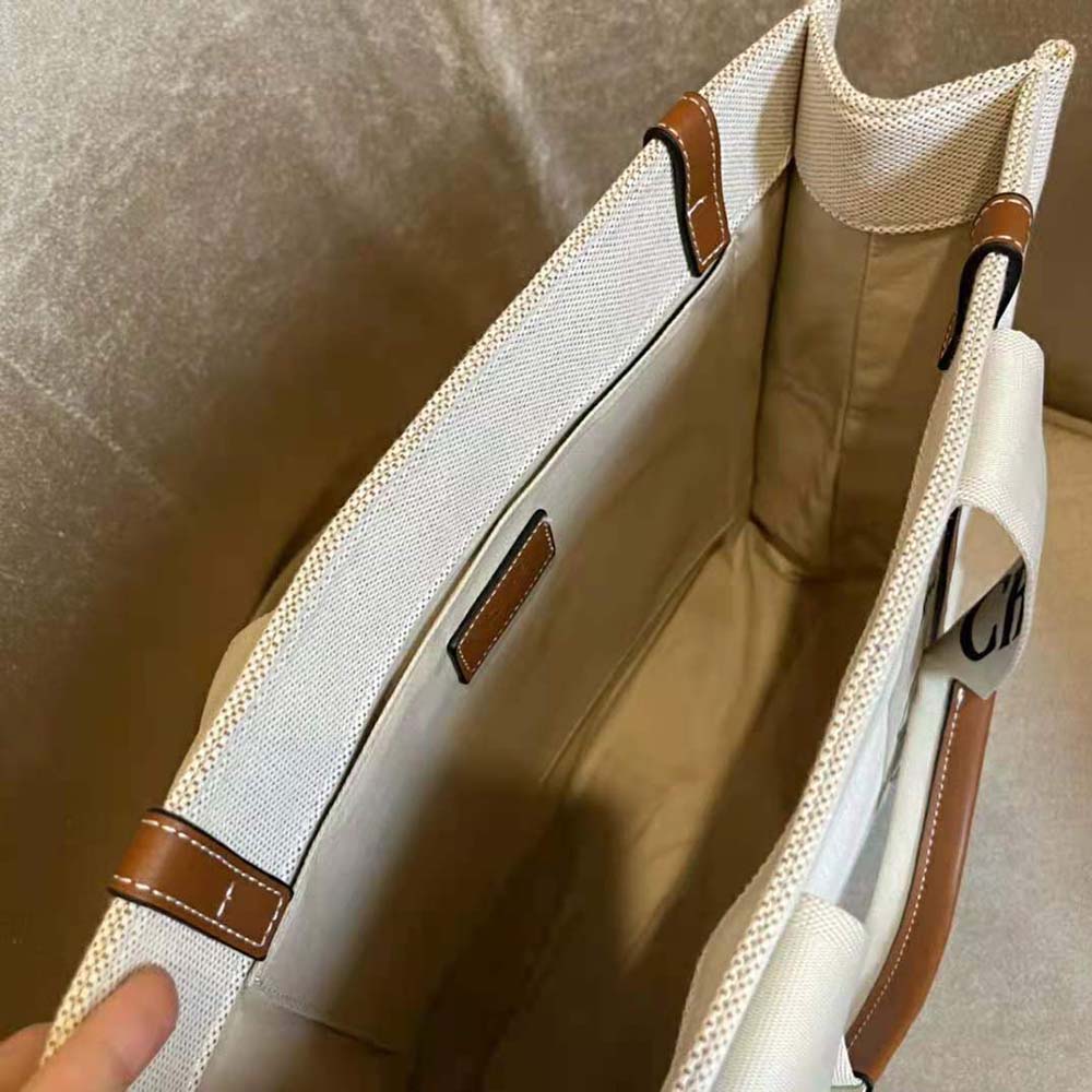 Chloe Women Medium Woody Tote Bag in Cotton Canvas and Shiny Calfskin with Woody Ribbo-Brown - image 7