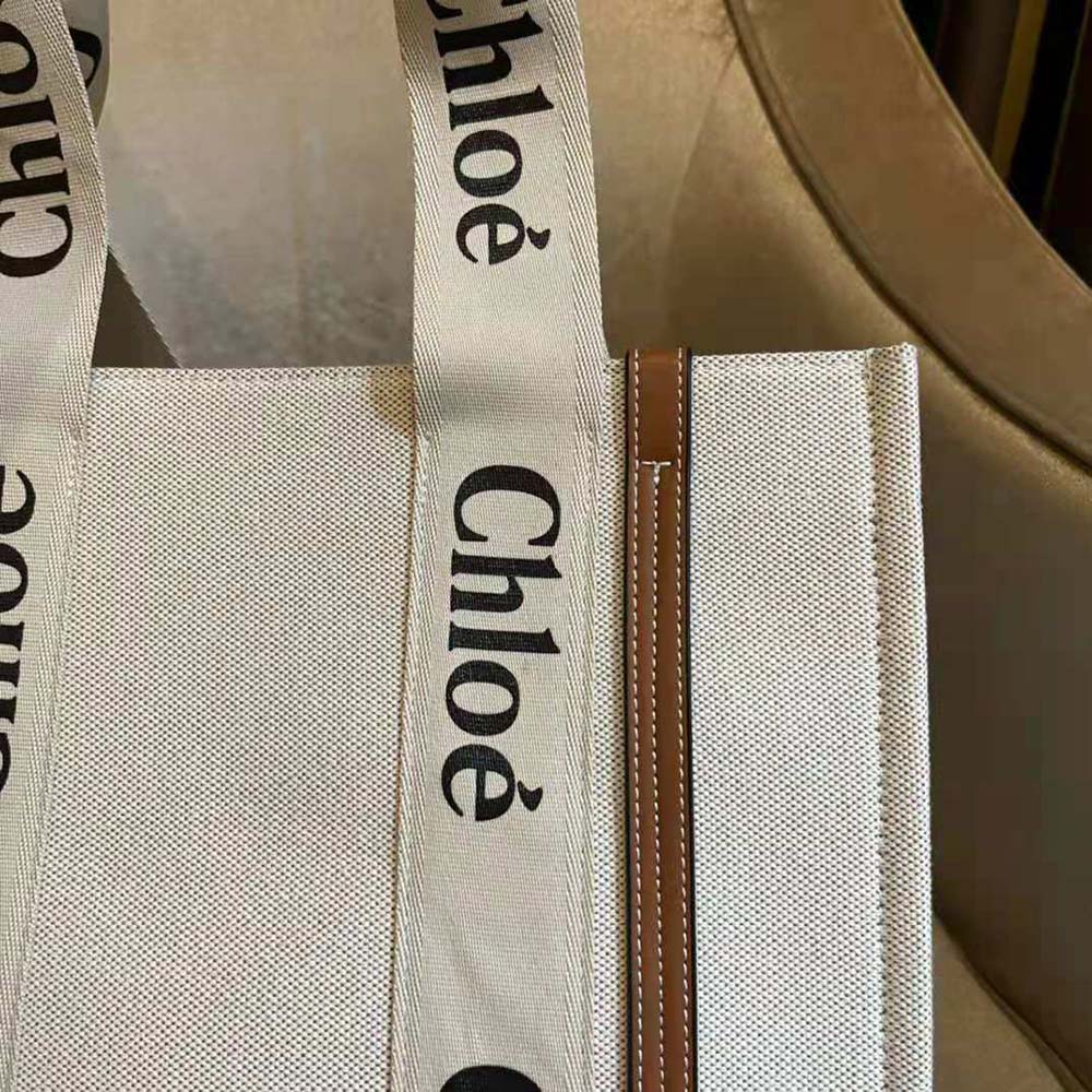 Chloe Women Medium Woody Tote Bag in Cotton Canvas and Shiny Calfskin with Woody Ribbo-Brown - image 9