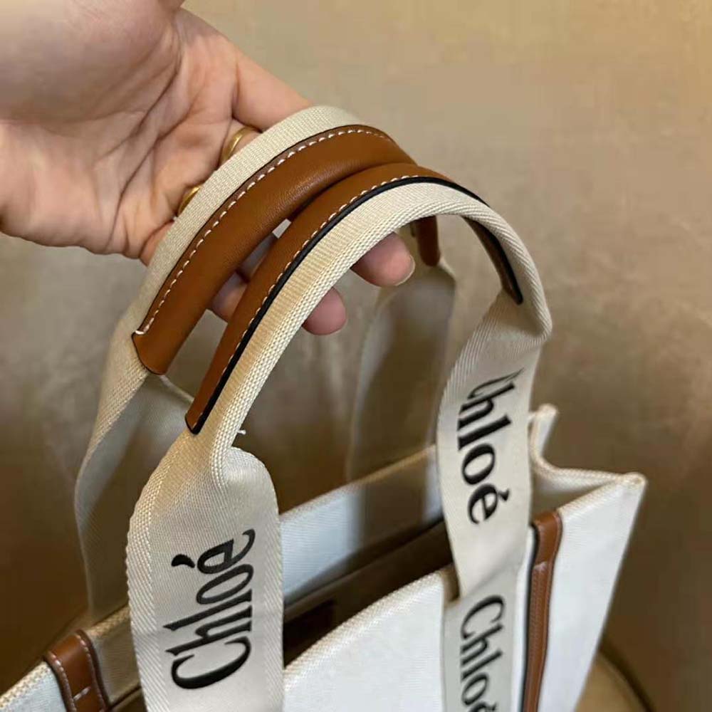 Chloe Women Medium Woody Tote Bag in Cotton Canvas and Shiny Calfskin with Woody Ribbo-Brown - image 8