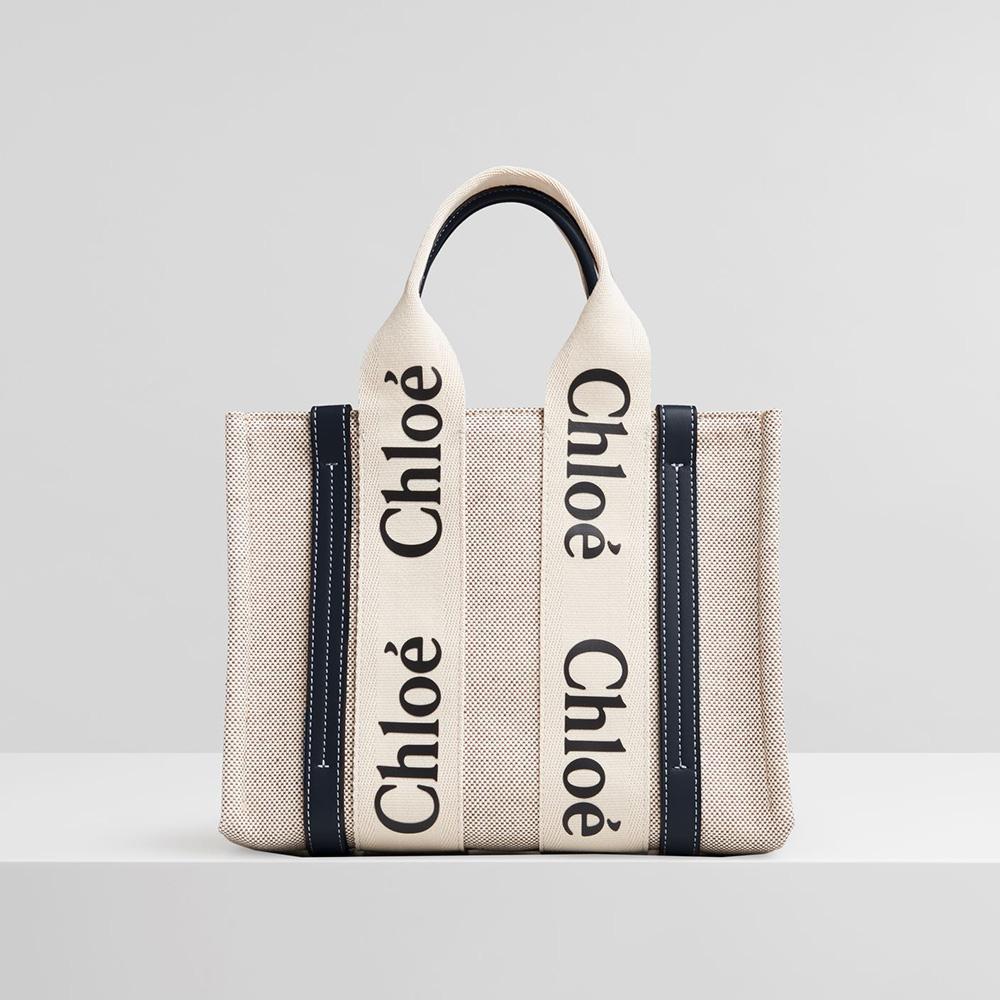 Front view of Chloe Women Small Woody Tote Bag in black cotton canvas