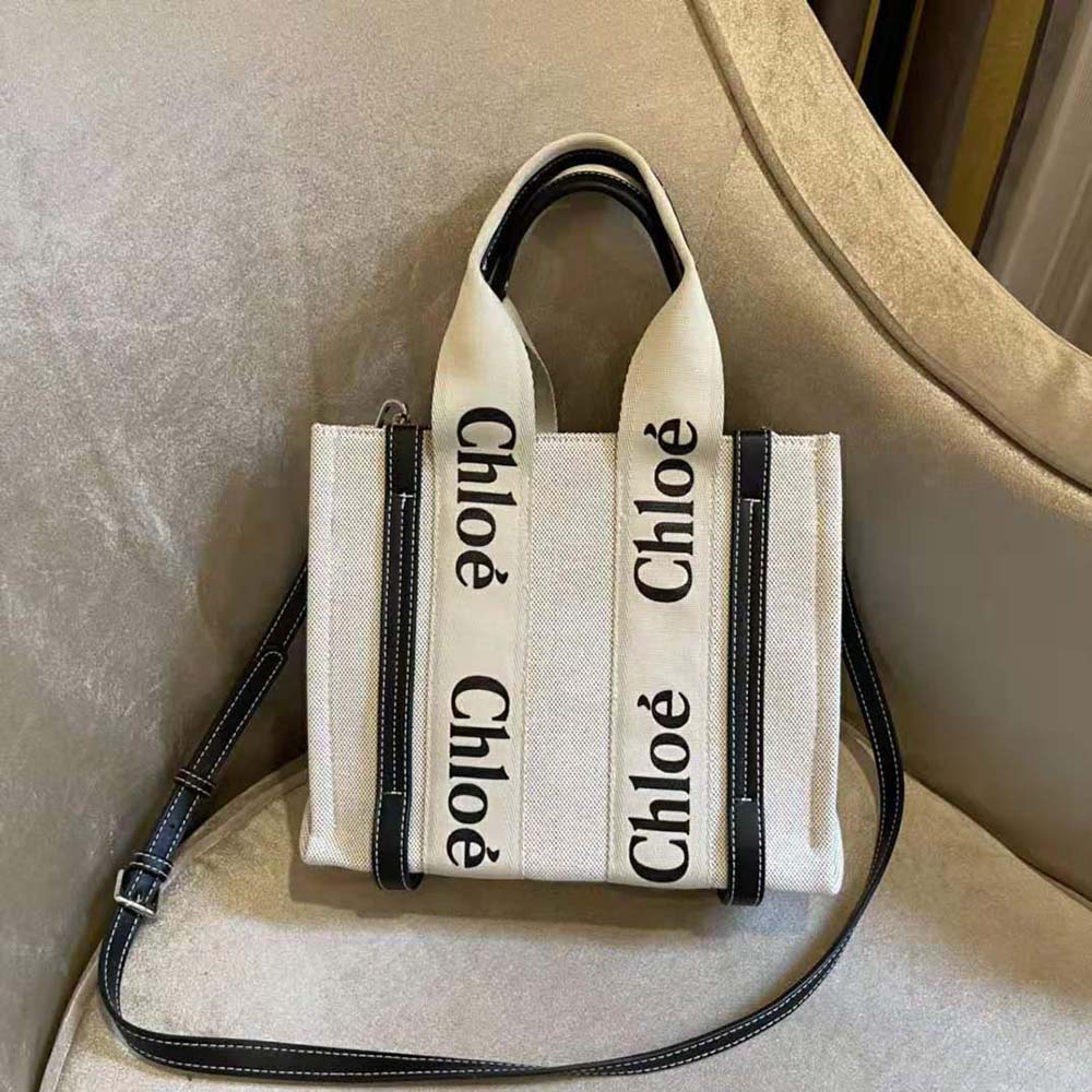Side angle showing silhouette and gold hardware on Chloe Women Small Woody Tote Bag