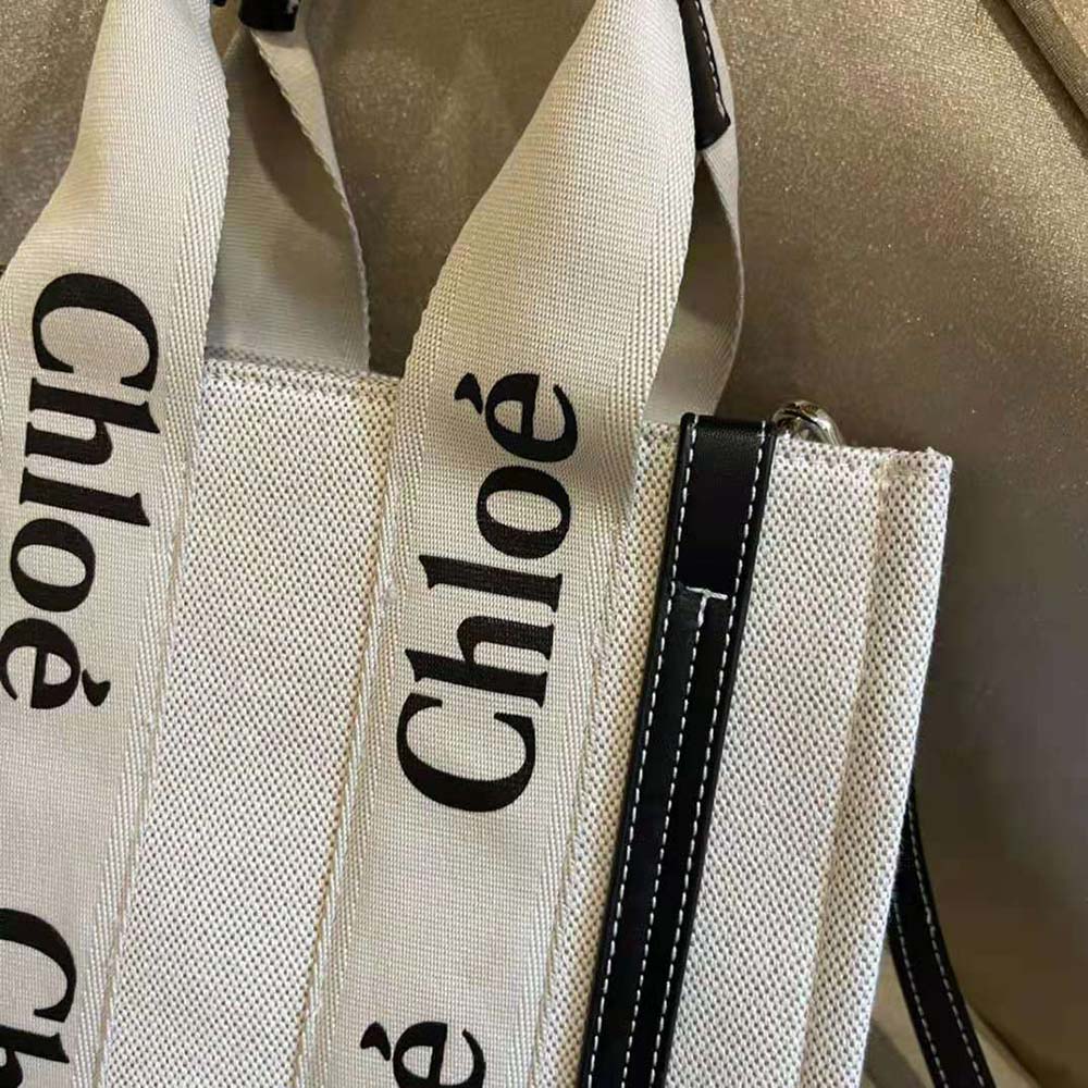 Chloe Women Small Woody Tote Bag in Cotton Canvas and Shiny Calfskin with Woody Ribbo-Black - image 8