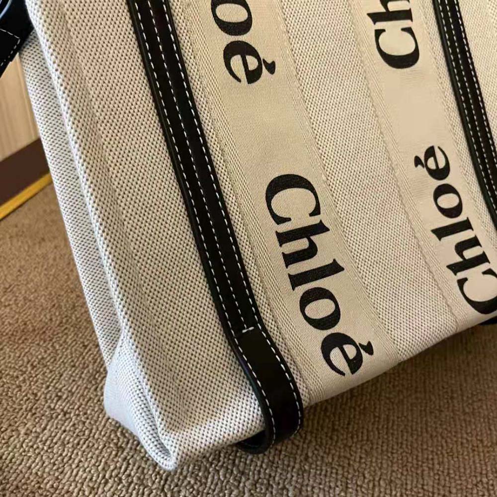 Chloe Women Small Woody Tote Bag in Cotton Canvas and Shiny Calfskin with Woody Ribbo-Black - image 7