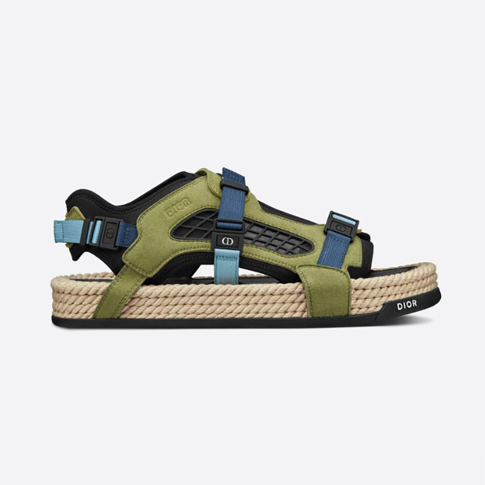 Side profile of Dior Men Atlas Sandal Black Neoprene and Khaki Suede