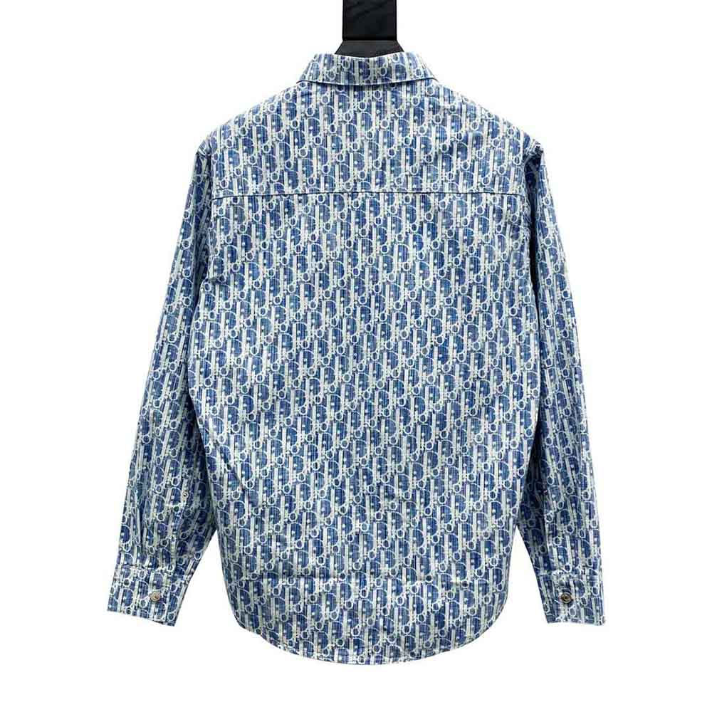 Side profile highlighting blue and white oblique pattern of Dior overshirt