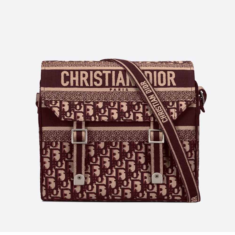 Front view of Dior Men Diorcamp Bag Dior Oblique Embroidery-Maroon in maroon