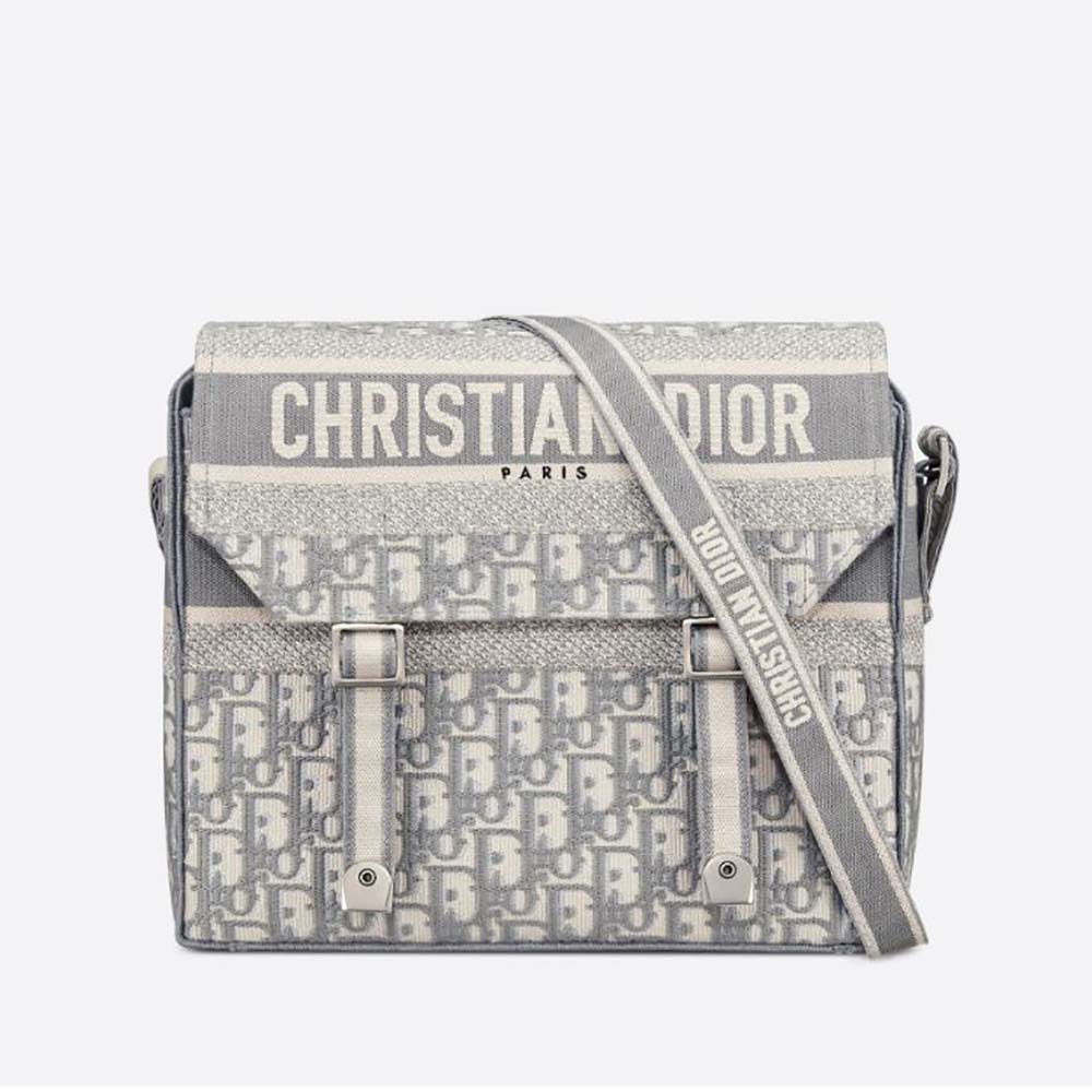 Front view of Dior Men Diorcamp Bag Dior Oblique Embroidery-Silver showing embroidery