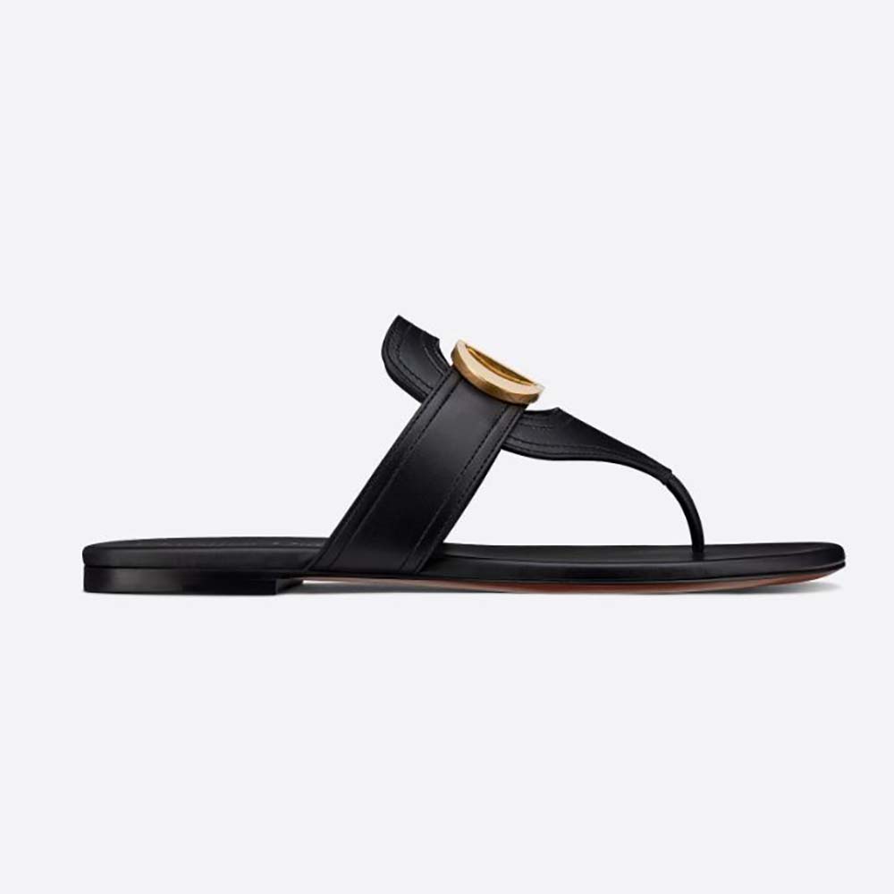 Side view of Dior Women 30 Montaigne Flat Thong Black Calfskin sandal