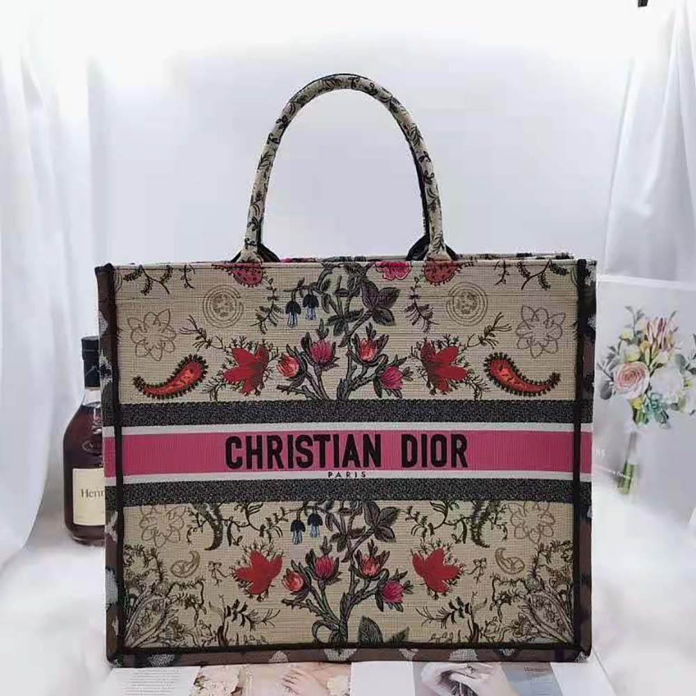 Close-up of multicolor floral embroidery on Dior Women Book Tote