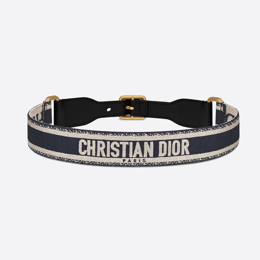 Front view of Dior Women Christian Dior Belt Blue and Cream Embroidered Canvas