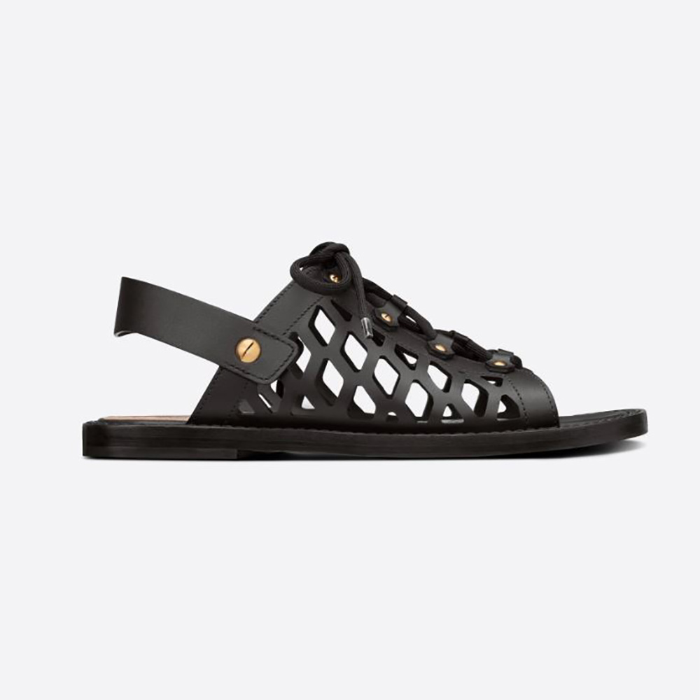 Side view of Dior Women D-Trap Sandal Black Matte Calfskin showing silhouette