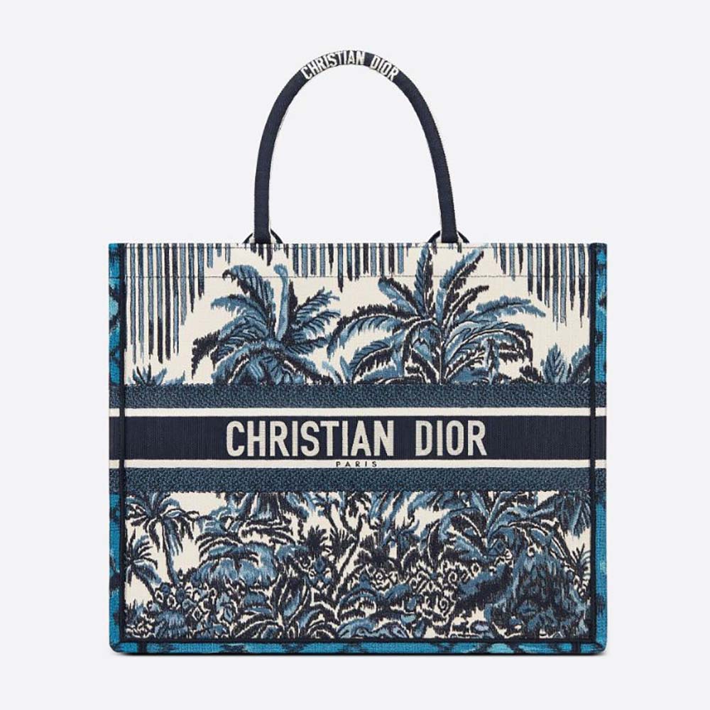 Front view of Dior Women Dior Book Tot Blue Dior Palms Embroidery