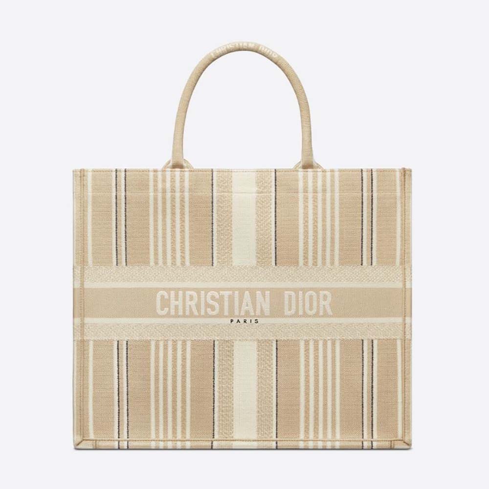Front view of Dior Women Dior Book Tote Beige Stripes Embroidery