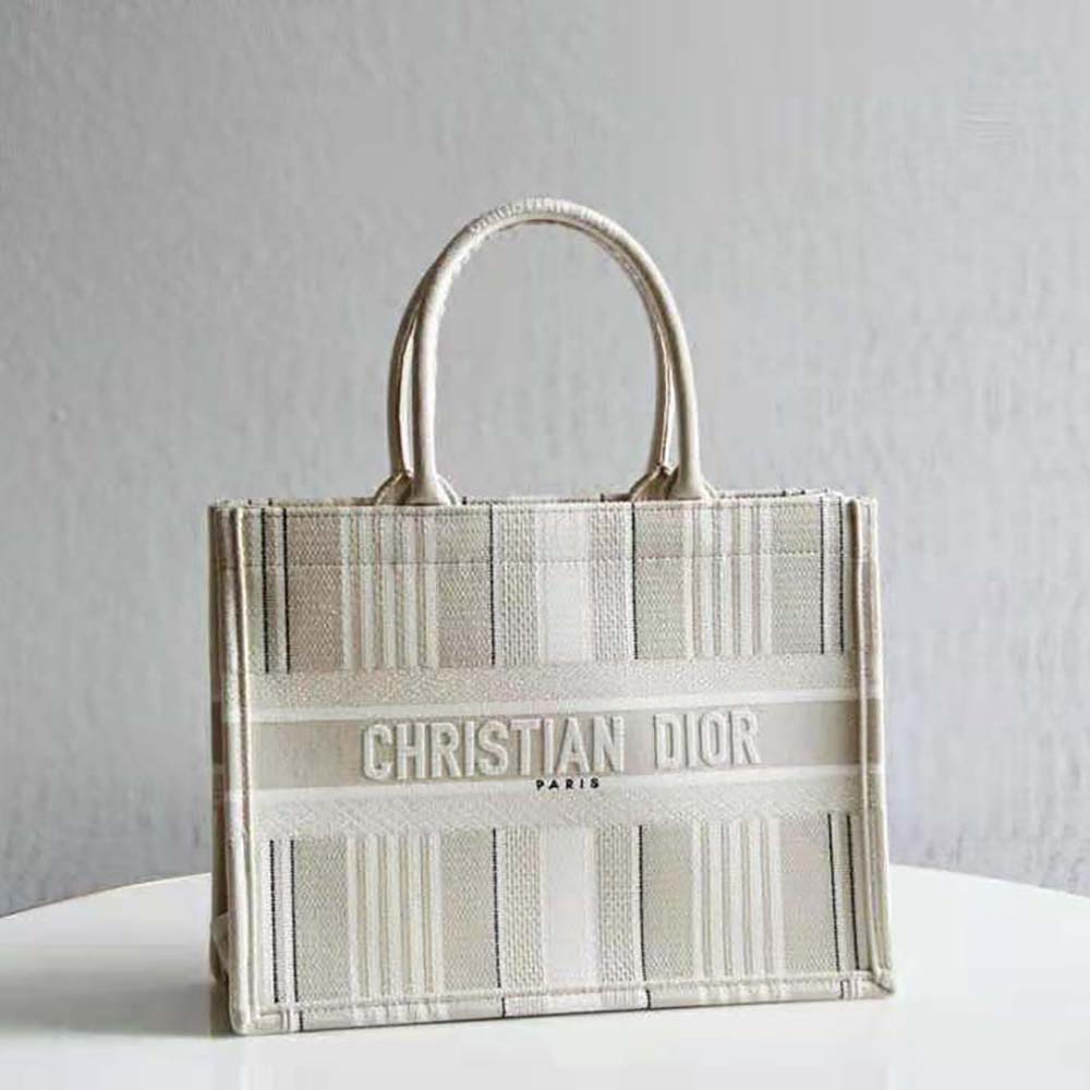 Close-up detail of embroidery on Dior Women Dior Book Tote Beige Stripes Embroidery