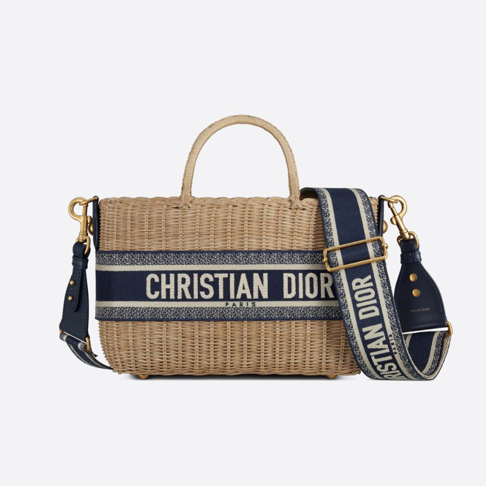 Front view of Dior Women Dior Wicker Basket Bag Blue Dior Oblique Jacquard