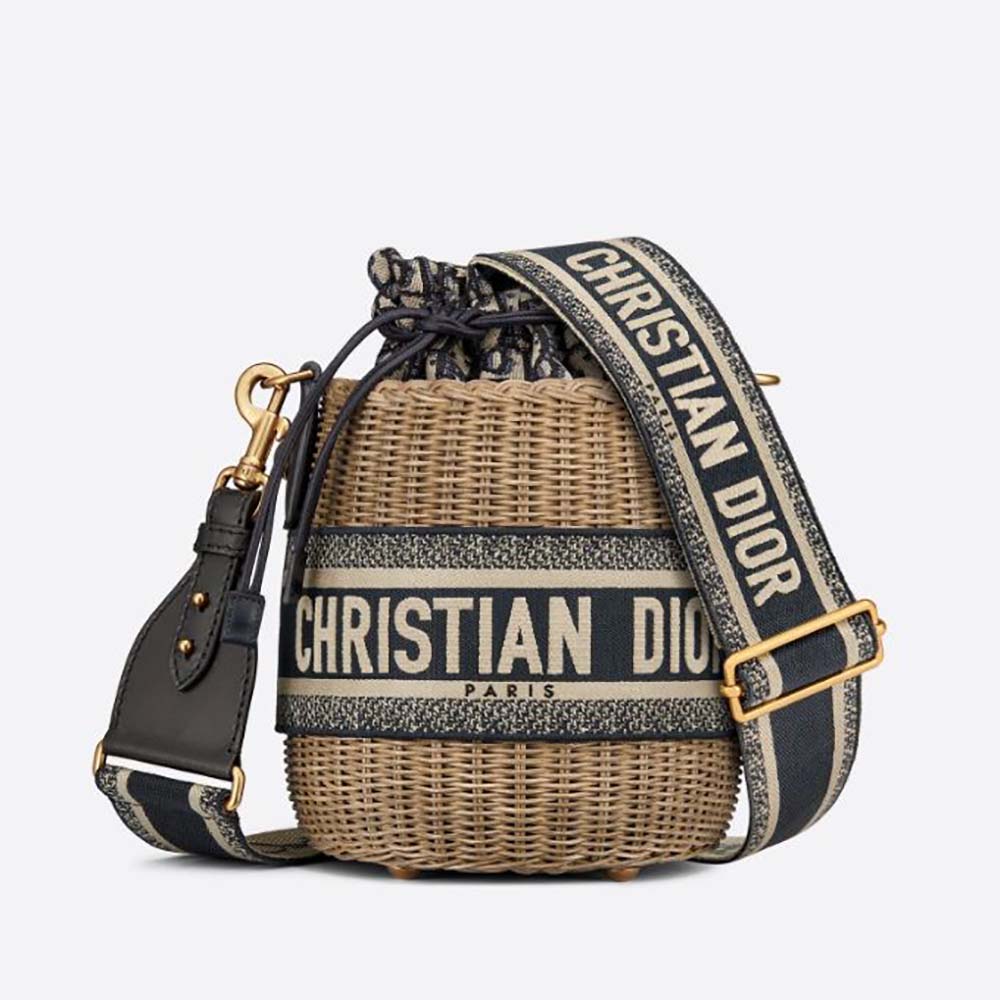 Front view of Dior Women Dior Wicker Bucket Bag Blue Dior Oblique Jacquard and Natural Wicker