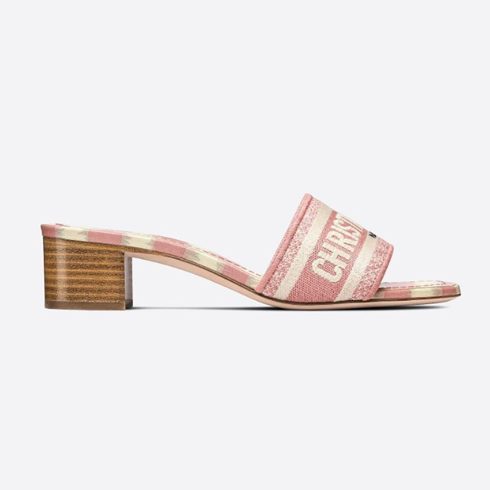 Front angle of Dior Women Dway Heeled Slide Dark Nude D-Stripes Embroidered Cotton