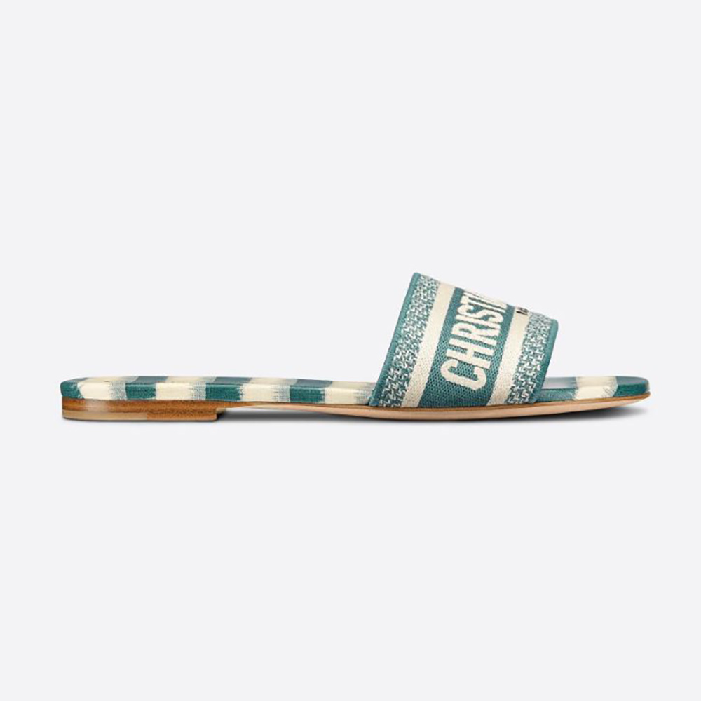 Side view of Dior Women Dway Slide Deep Ocean Blue D-Stripes Embroidered Cotton